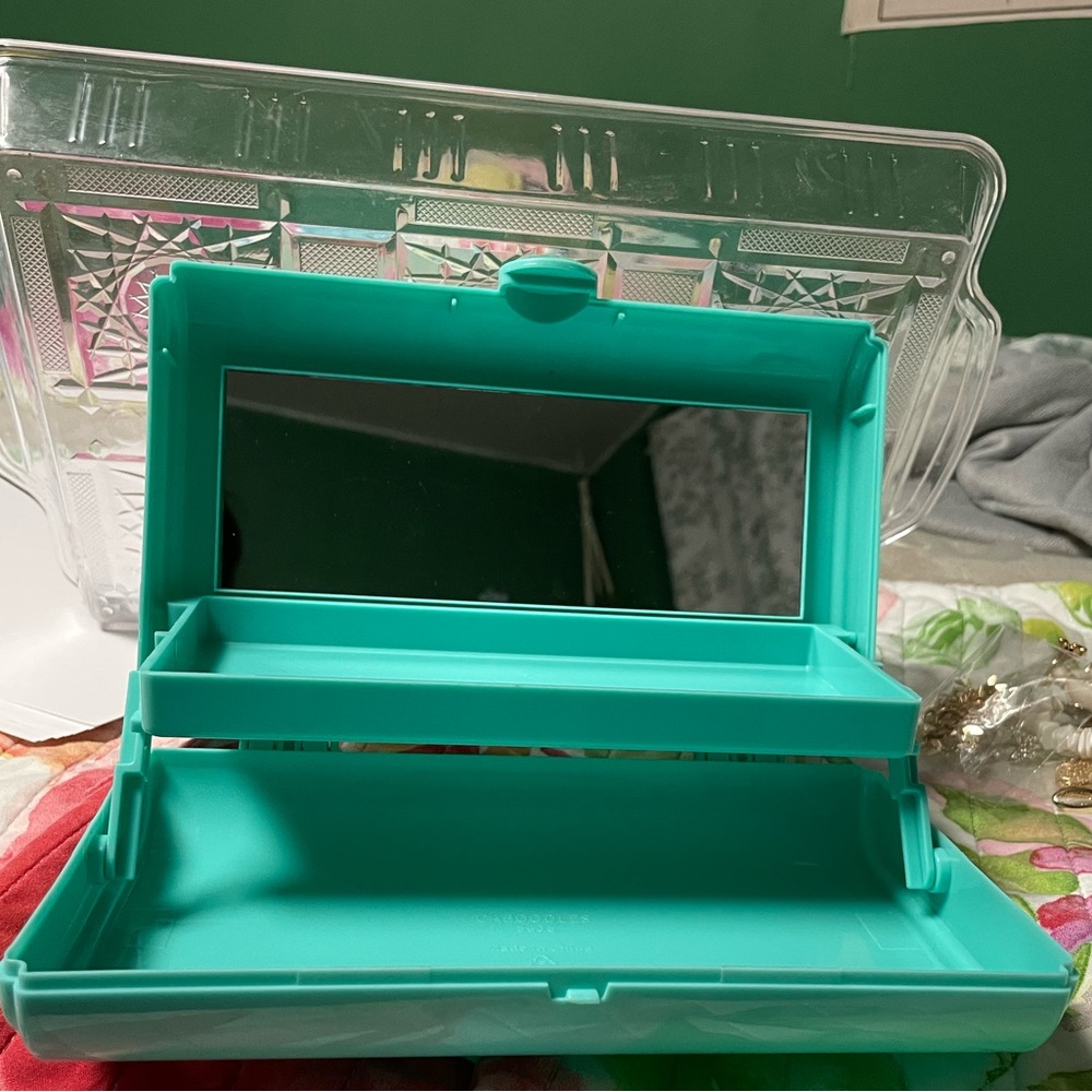 It’s a teal jewlery/makeup box with mirror it’s brand new